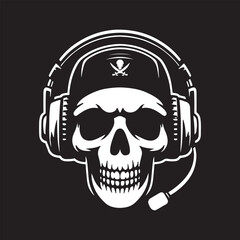 Skull in headphones illustration. Headset on character head