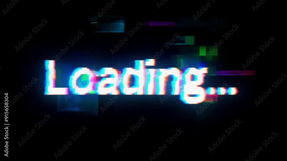 Poster digital loading screen with glitch effect and bright text generative ai
