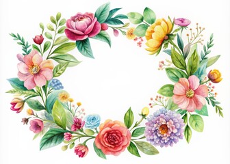 Delicate watercolor floral wreath with colorful flowers and lush green leaves, beautifully arranged in a circular frame, isolated on a crisp white background.