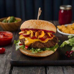 Tasty burger with french fries and fire Generative AI