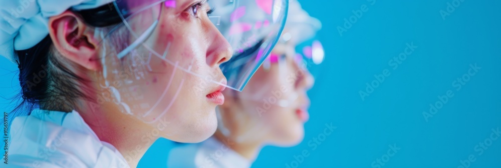 Aufkleber Innovative Technology Asian Man and Woman in Modern Lab Analyzing Data on Transparent Screens Surrounded by Advanced Tech and Robotics
