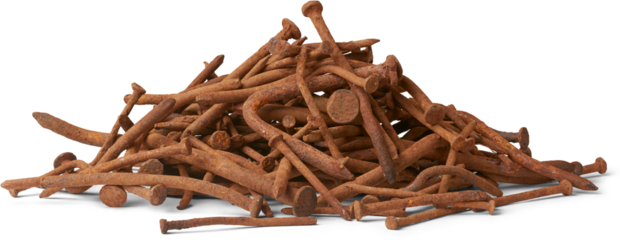 pile of rusty old warped nails isolated white background, corroded and unusable brownish steel construction fastening material result of rust, bent and broken, failure concept