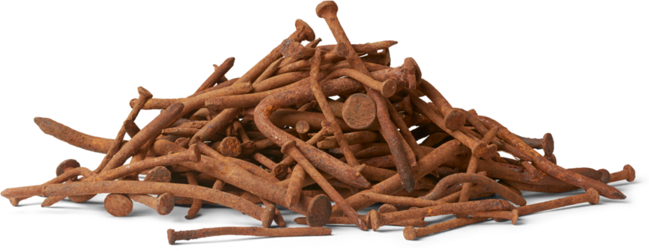 pile of rusty old warped nails isolated white background, corroded and unusable brownish steel construction fastening material result of rust, bent and broken, failure concept