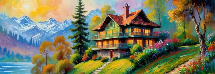 Fototapeta premium Cottage in the Mountains at Sunset.