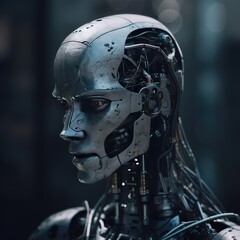 Close-up of a metallic android head with intricate wiring and a human-like face.