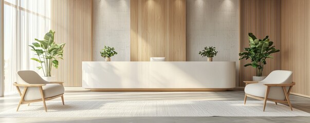 Modern Scandinavian reception area with minimalistic design, wooden accents, and indoor plants