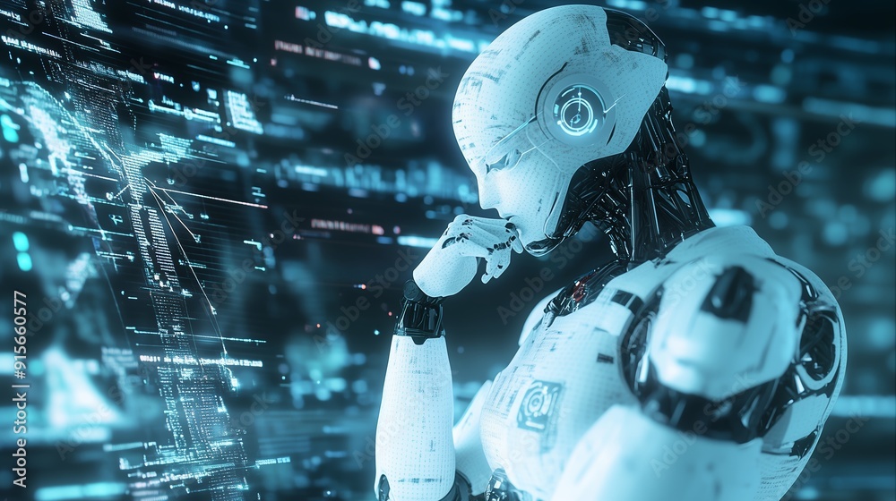 Aufkleber a futuristic humanoid robot contemplating data within a digital interface in a high-tech environment