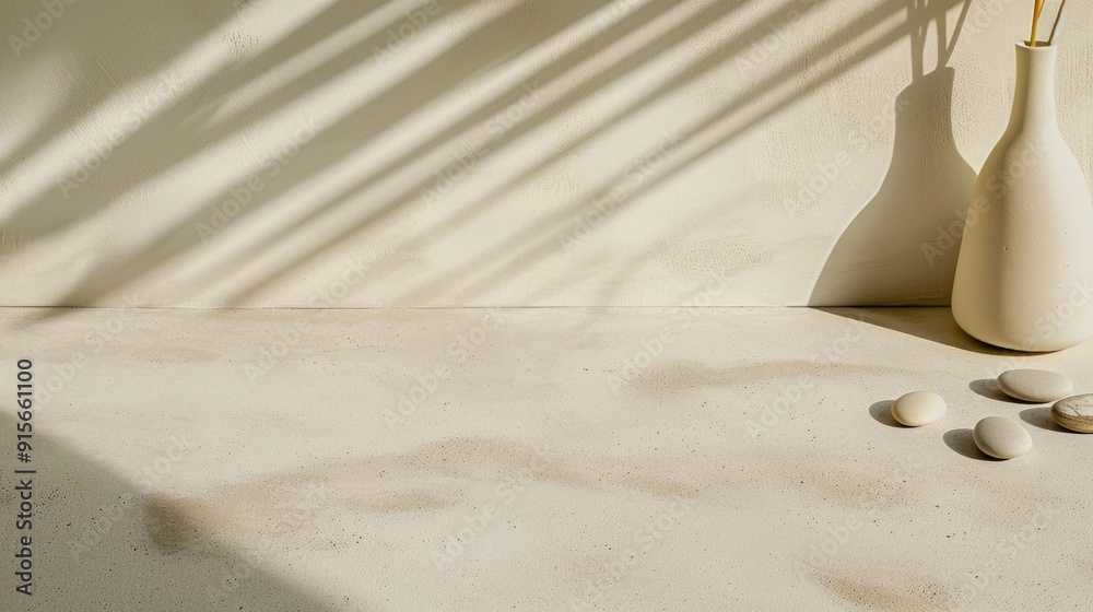 Poster minimalist concrete table surface in modern zen-inspired indoor setting with soft ambient lighting