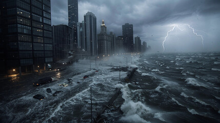 Flooded City Street During Intense Storm with Lightning and Vehicles