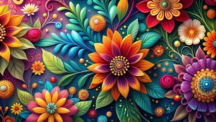 Fototapeta premium Vibrant abstract modern floral background design template with intricate patterns and shapes, featuring beautiful blooming flowers and leaves, perfect for adding text or logos.