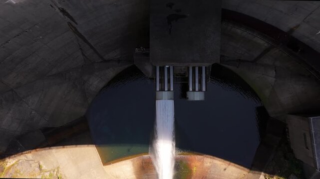 Aerial drone shot of the Embalse de Eiras water dam on Pontevedra In Galicia, Spain.