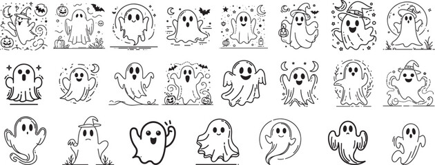 collection of black and white halloween ghost vector graphics doodle style 