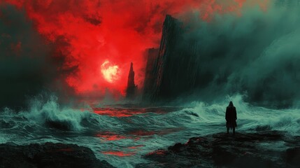 Mysterious Figure Amidst the Storm - Dark Silhouette by the Sea with Dramatic Red Sky and Crashing Waves