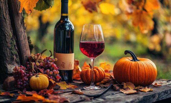 Autumn-themed scene with wine bottle, glass, pumpkins, and grapevine in rustic setting