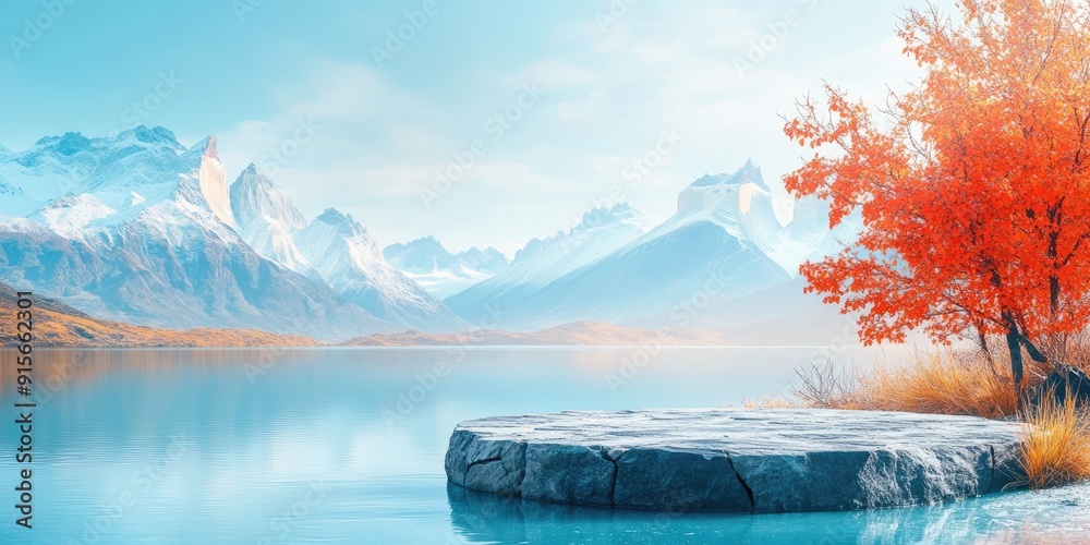 Poster Mountain Lake with a Stone Platform and Autumn Tree