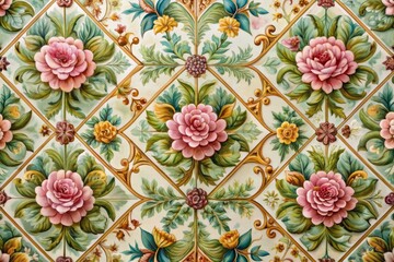 Fototapeta premium Hand Drawn Oil Painting of Seamless Tile Pattern Wallpaper for Residence Hotel Interior Wall Decoration, Midcentury, Retro Vintage Victorian ornaments, floral patterns background