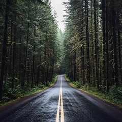 Dramatic and Scenic Road Through Dense Pine Forest Landscape