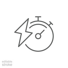 Charge time icon. Simple outline style. Lightning and stopwatch, boost, car, charging, electric vehicle, battery, technology concept. Thin line symbol. Vector illustration isolated. Editable stroke.