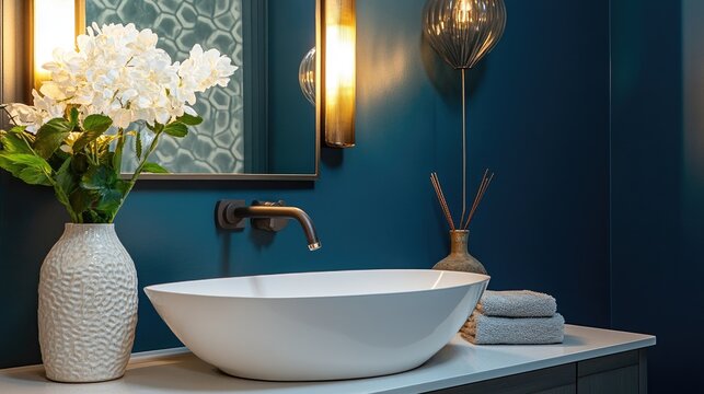 A chic powder room with a bold accent wall, a stylish sink, and decorative lighting, perfect for a quick refresh.