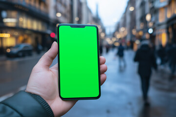 Hand holding a smartphone with a green screen in an urban street setting, perfect for mockups or app presentations.