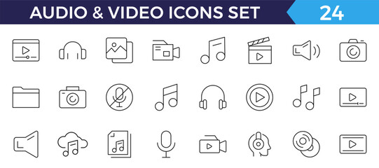 Audio Video Icons Pack. Thin line icons set. Flat icon collection set. Simple outline icons.