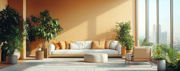 Fototapeta premium Sunlit Scandinavian living room with modern decor and large windows overlooking cityscape