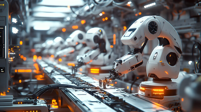 Automatisierte Fertigung in einer hochmodernen Fabrik mit Roboterarmen
