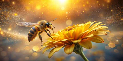 A busy bee tends to a vibrant yellow bloom with delicate petals, set against a soft, dreamy background with subtle, shimmering light effects.