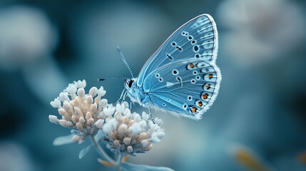 Obraz premium Close-up of a delicate blue butterfly perched on a white flower.