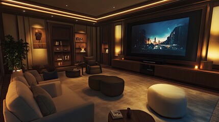 A living room with a home theater setup, including a large TV, comfortable seating, and dimmable lighting, designed for movie nights.