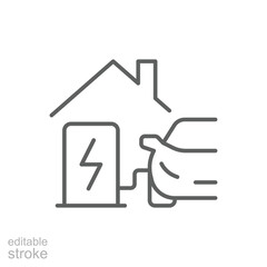 Home charging station icon. Simple outline style. Charging electric vehicle at home, building, house, green energy, technology concept. Thin line symbol. Vector illustration isolated. Editable stroke.