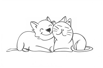 Two cute cartoon cats cuddling together with happy expressions, drawn in a simple and charming style, representing affection and friendship.