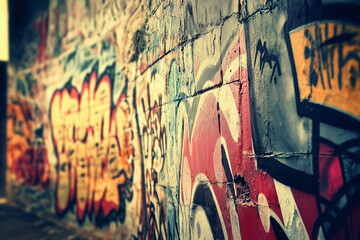 Fototapeta premium A close-up view of a colorful graffiti wall with vibrant urban art, representing creativity, street culture, and self-expression in a modern city.