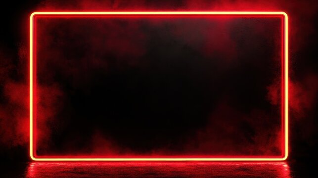Bright red neon rectangle frame on black background, digital rendering.