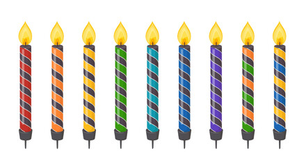 Black birthday cake candles with fire isolated on white background. Candlelight icons for birthday holiday, Christmas or Halloween. Wax sticks with burning flame, vector cartoon illustration