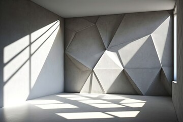 Modern concrete room interior with geometric wall and window light.