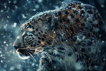 Majestic Leopard in Snowfall Close-up