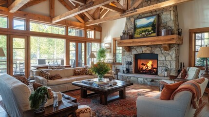 Naklejka premium A rustic living room with exposed wooden beams, a stone fireplace, and cozy furniture, bringing the charm of the countryside indoors.
