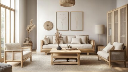 A Scandinavian-style living room with light wood furniture, neutral tones, and a focus on functionality and comfort.