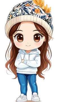 Isolated chibi character with brown hair and a floral patterned beanie hat on a white background 