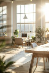Mid-shot of a bright modern office, panoramic windows, gentle sunlight creating a soft blurred background,