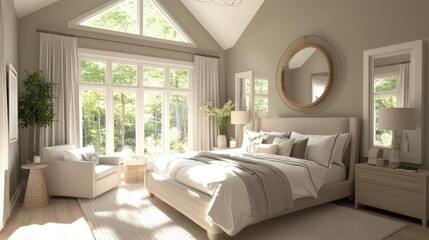 Fototapeta premium A serene master bedroom with a king-sized bed, soft neutral tones, and large windows letting in natural light, creating a peaceful retreat.