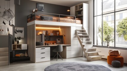 A small bedroom with space-saving furniture, such as a loft bed and built-in storage, designed for efficiency in a compact space.
