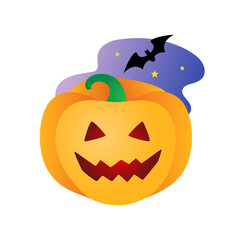 Fototapeta premium A scary pumpkin and a bat against the background of the starry sky. Isolated vector illustration for Halloween