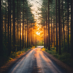 Fototapeta premium Peaceful Road Through Warm Lit Pine Forest at Sunrise