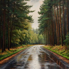Fototapeta premium Quiet Pine Forest Road After Rain Refreshing Tranquil Nature Scenery