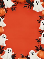 Fototapeta premium Halloween frame with ghosts and pumpkins on a bright orange background.
