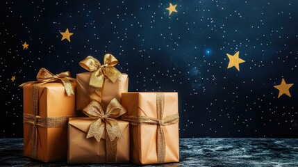 gifts with golden bows and ribbons placed on background near stars with copy space