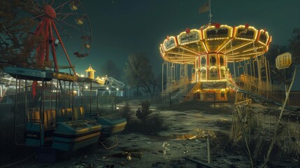 abandoned amusement park at night
