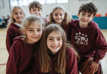 Fototapeta premium Children in the school classroom Wear burgundy clothes They gathered on the basketball court, the kids playing and smiling for the camera.